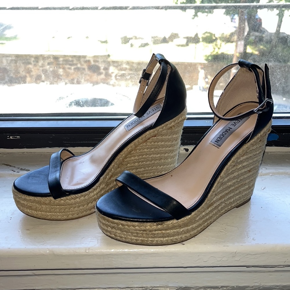 Steve Madden Survive Black Ankle Strap Espadrille Platform Wedge Sandals 6.5